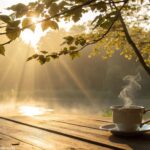 Imagem de uma manhã tranquila com raios de sol dourados passando pelas folhas das árvores e uma xícara de café fumegante sobre uma mesa de madeira.