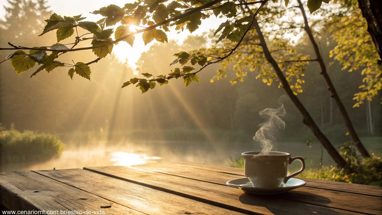 Imagem de uma manhã tranquila com raios de sol dourados passando pelas folhas das árvores e uma xícara de café fumegante sobre uma mesa de madeira.