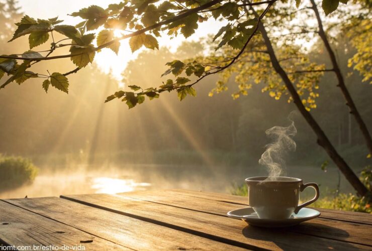 Imagem de uma manhã tranquila com raios de sol dourados passando pelas folhas das árvores e uma xícara de café fumegante sobre uma mesa de madeira.