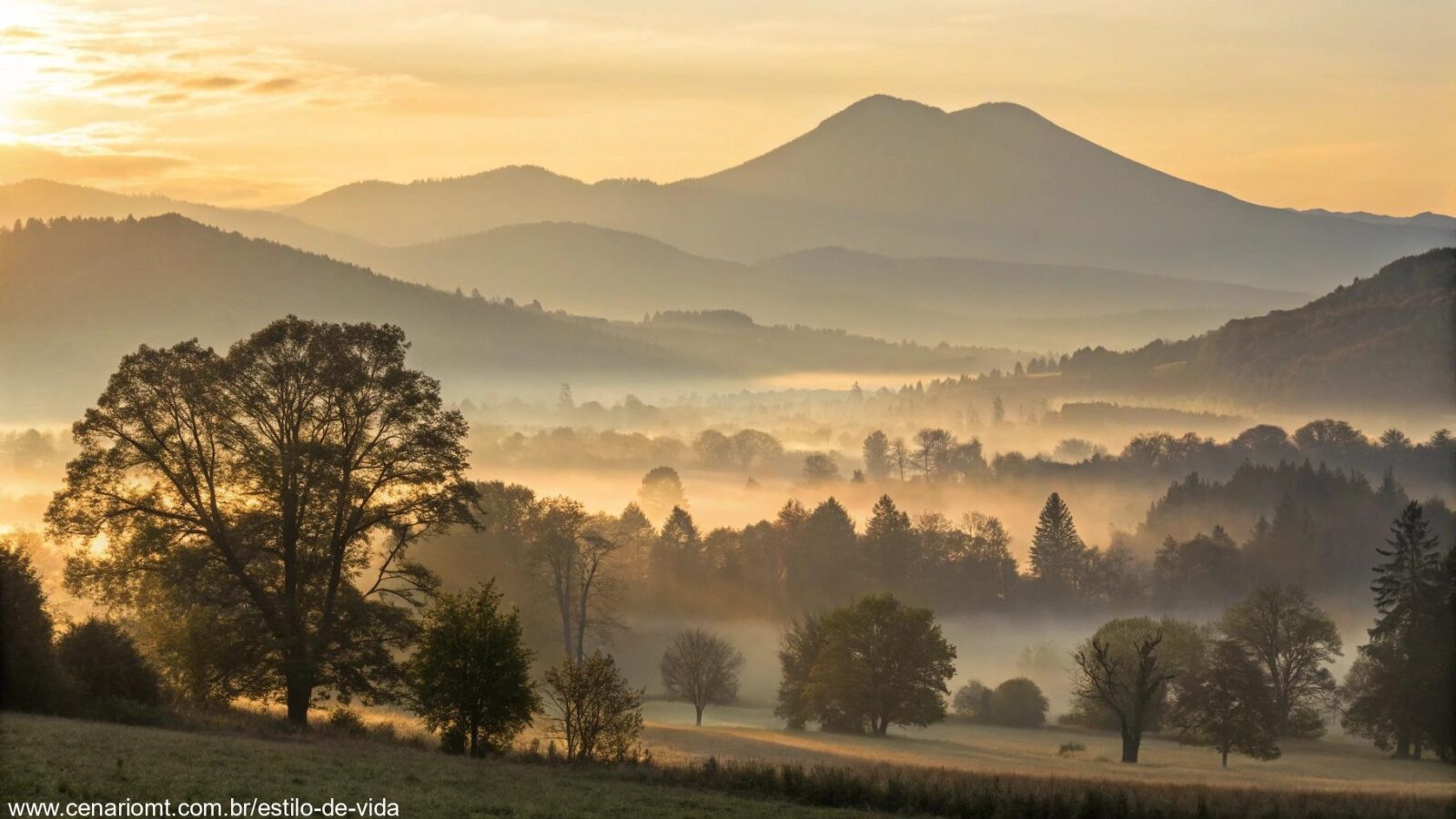 Nascer do sol tranquilo sobre uma montanha enevoada, simbolizando uma manhã de terça-feira abençoada.