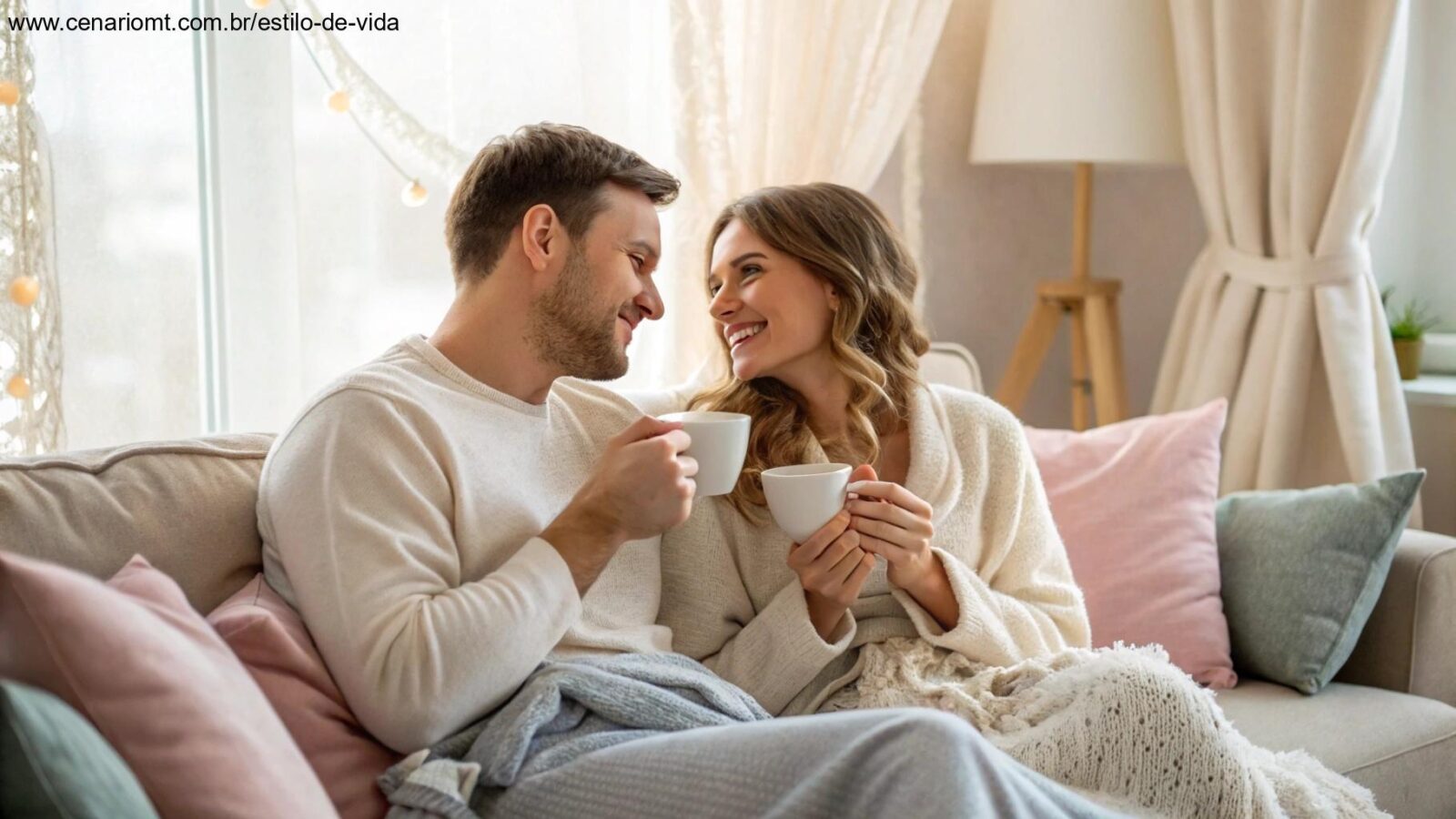 Casal apaixonado tomando café da manhã em um ambiente acolhedor com luz suave da manhã.