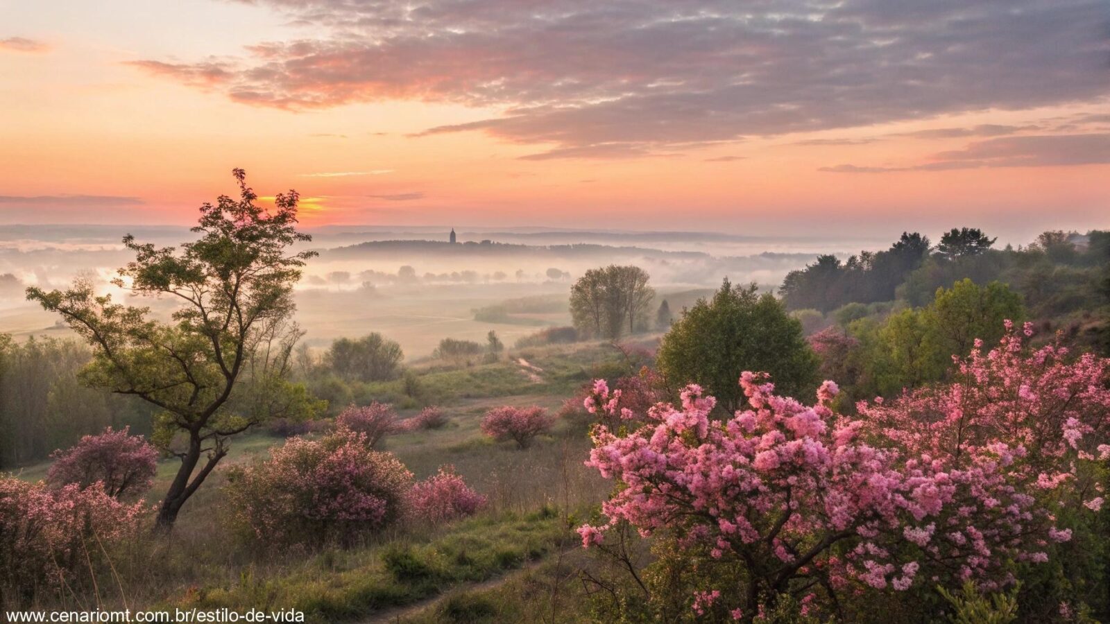 Amanhecer sereno sobre uma paisagem tranquila com flores florescendo, simbolizando esperança e renovação para o mês de março de 2025.