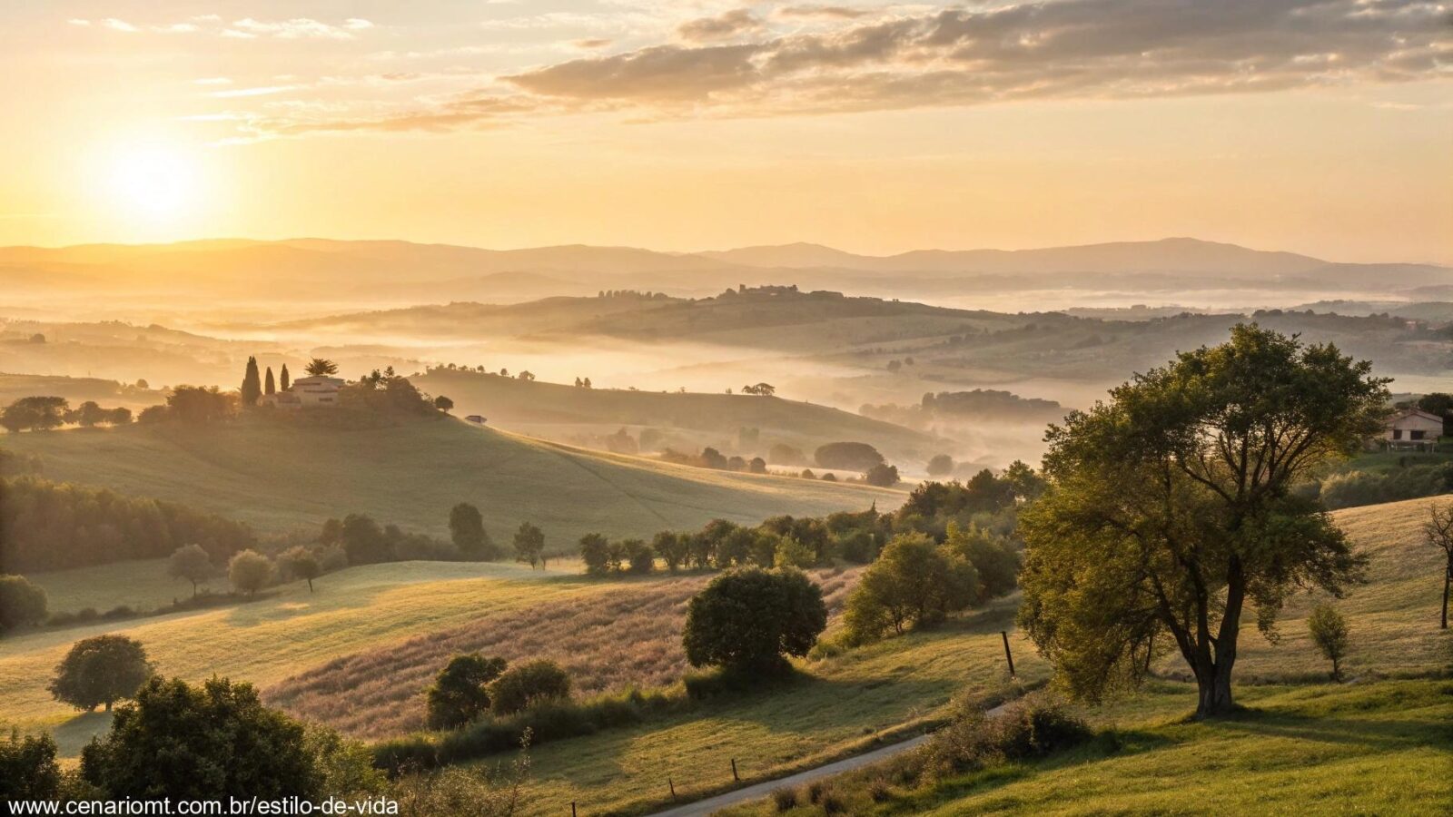 Amanhecer sereno sobre o campo, simbolizando esperança e renovação para o início de março.