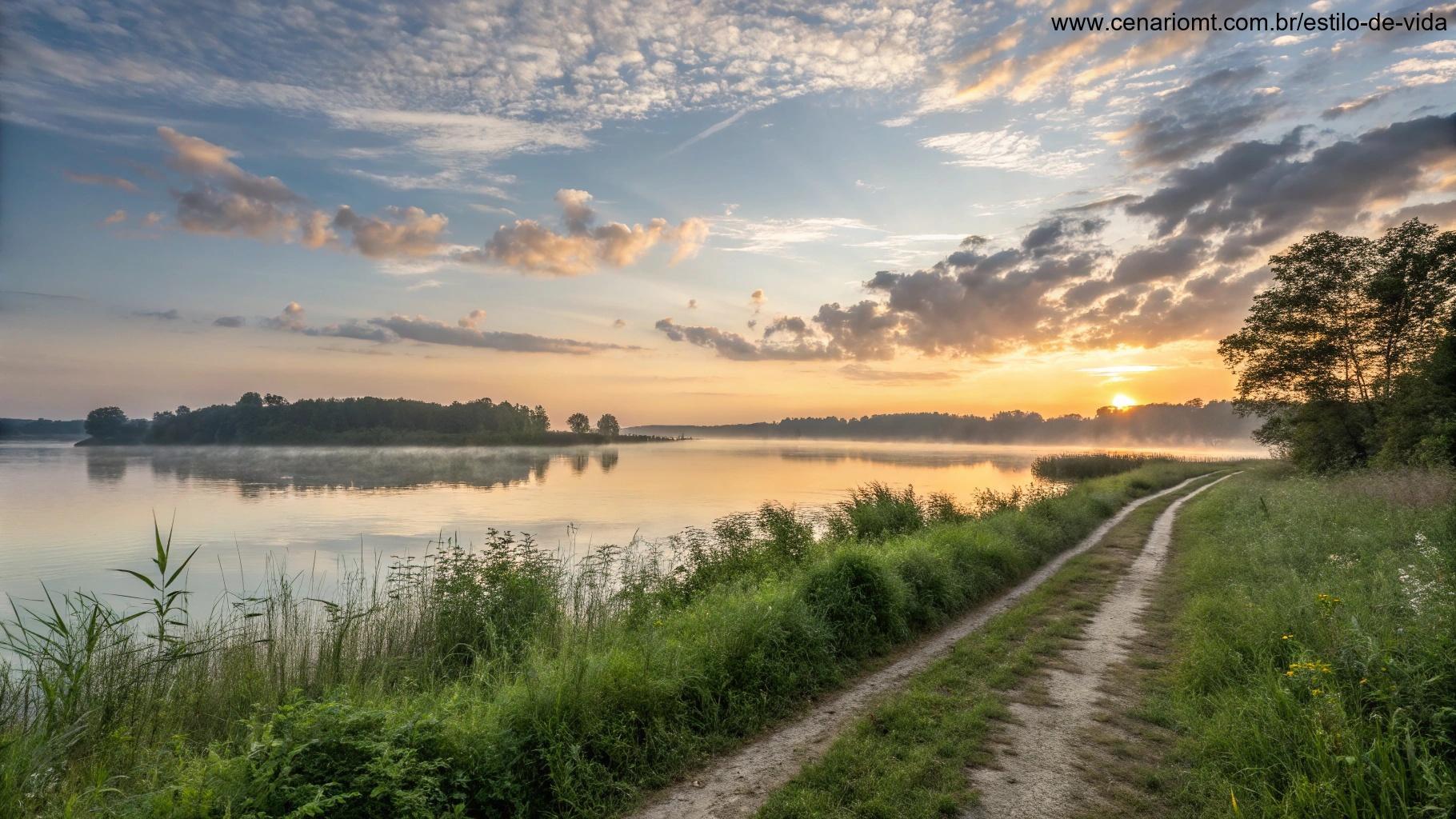 Caminho rodeado de vegetação com o sol nascendo sobre um lago tranquilo, transmitindo serenidade e esperança.