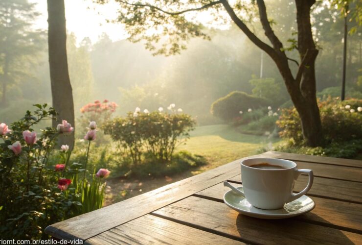 Cena tranquila de domingo de manhã com luz suave do sol, xícara de café sobre a mesa e atmosfera acolhedora.