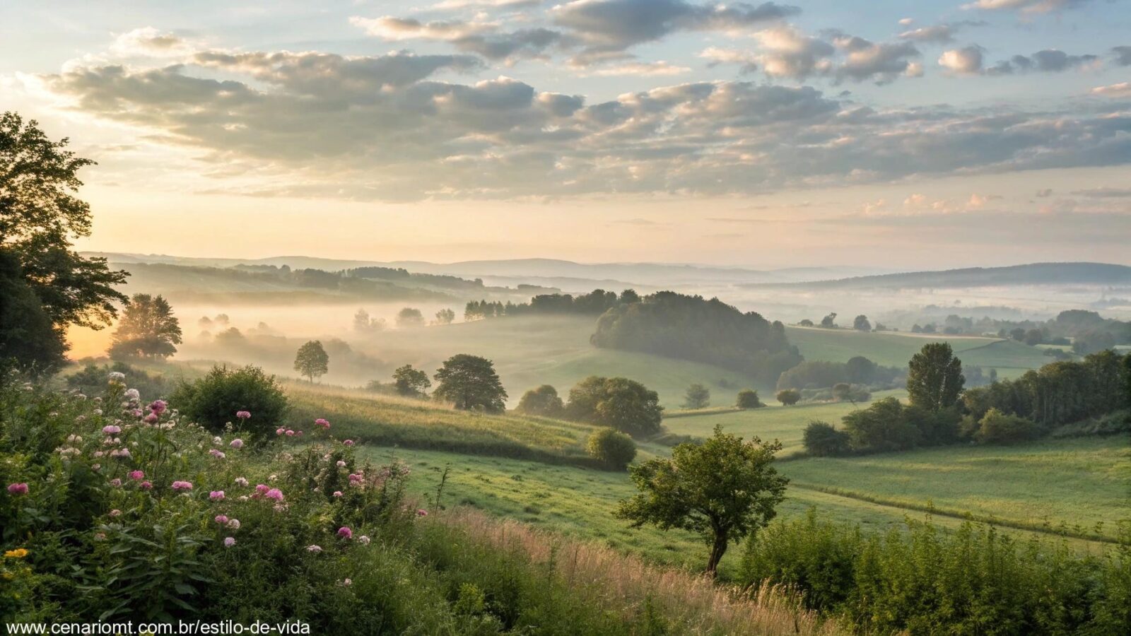 Uma manhã serena com luz suave, nuvens delicadas e uma paisagem tranquila, transmitindo sentimentos de amor e carinho, com elementos florais sutis ao fundo.