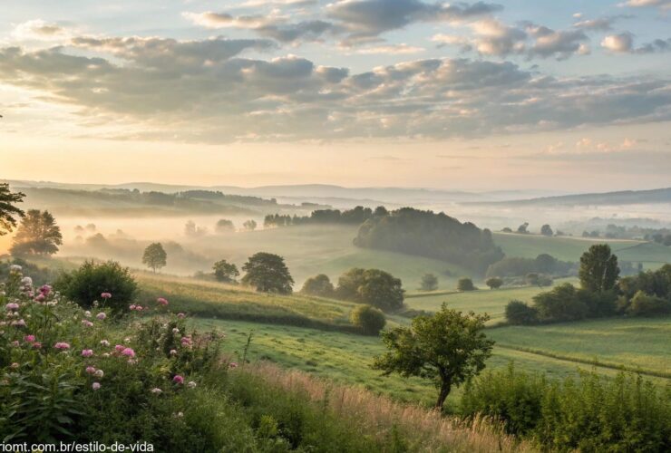 Uma manhã serena com luz suave, nuvens delicadas e uma paisagem tranquila, transmitindo sentimentos de amor e carinho, com elementos florais sutis ao fundo.