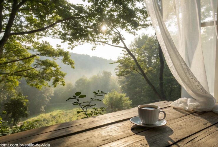 Cena tranquila de manhã com luz suave do sol, xícara de café e brisa leve.