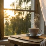 Imagem representando uma manhã tranquila com luz suave entrando pela janela e uma xícara de café.
