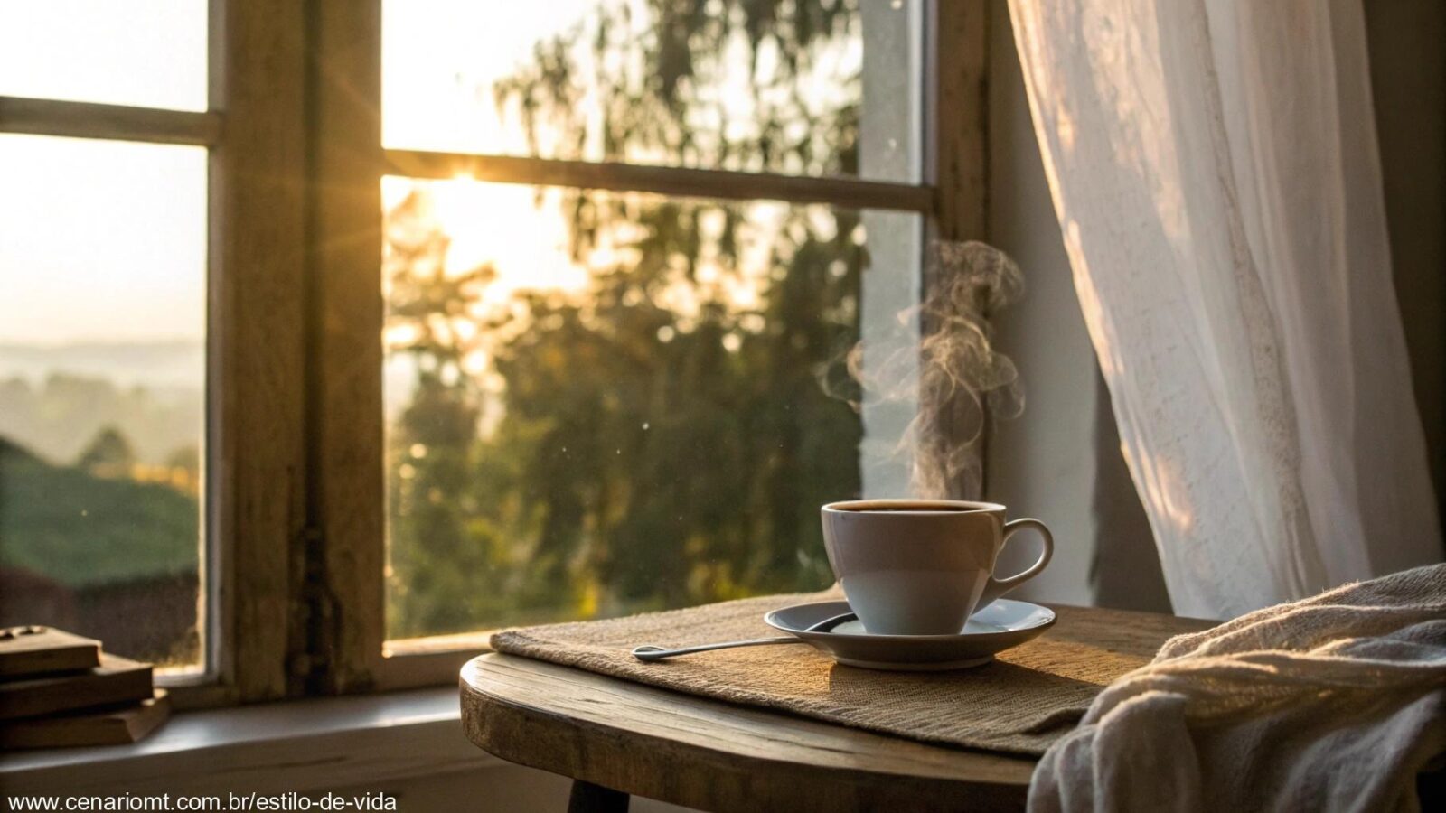 Imagem representando uma manhã tranquila com luz suave entrando pela janela e uma xícara de café.