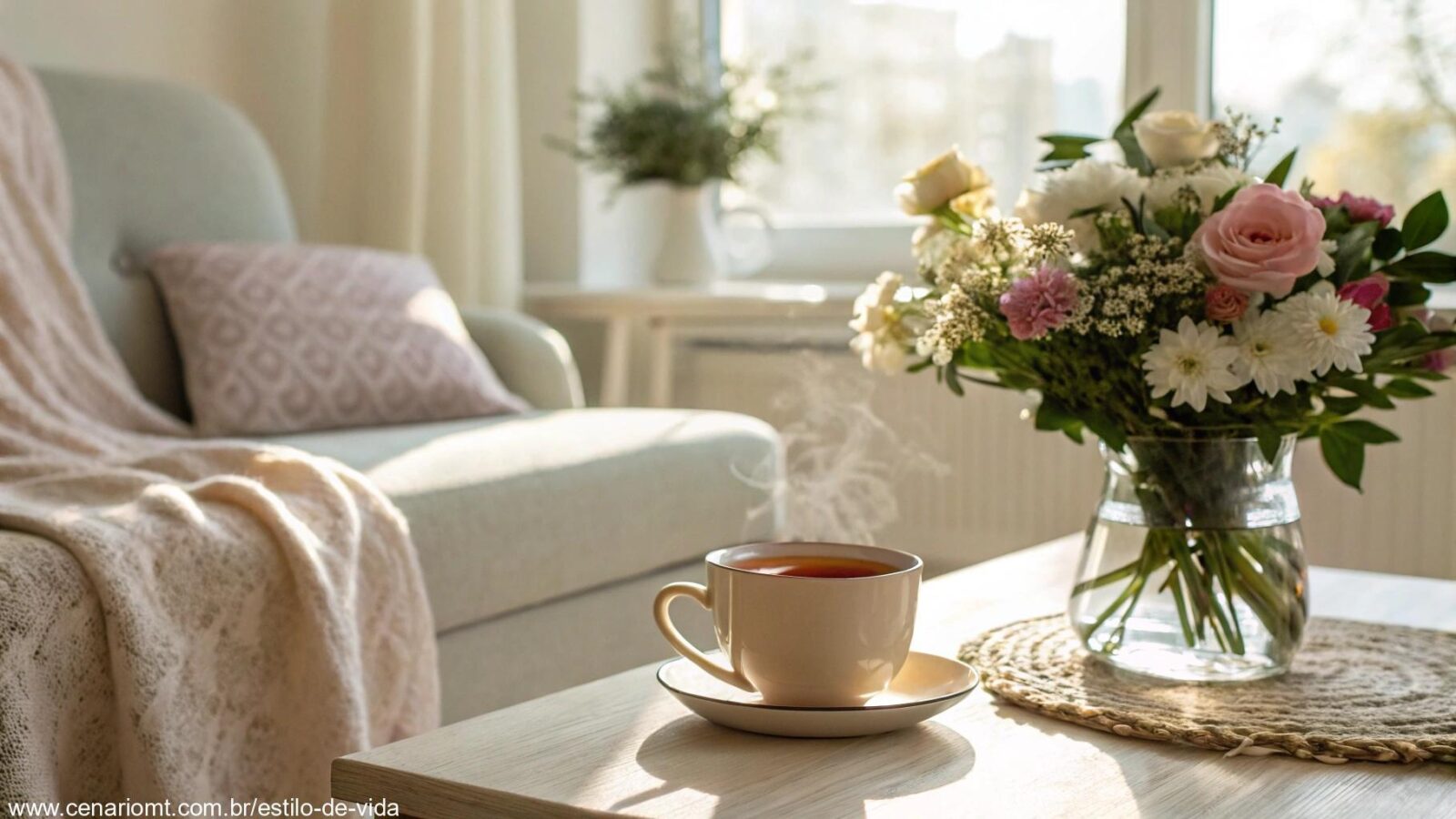 Imagem de uma manhã serena com luz suave filtrando pela janela, iluminando uma sala de estar aconchegante com uma xícara de chá sobre a mesa, flores próximas e uma atmosfera calma.