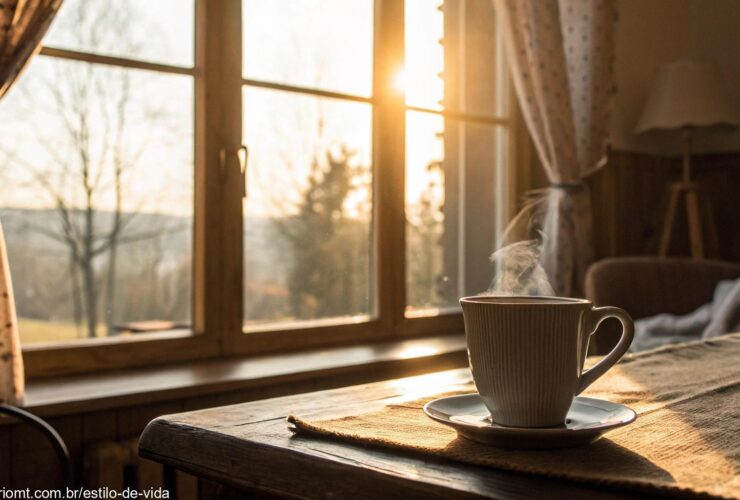 imagem de uma cena tranquila de manhã com luz suave iluminando a janela e uma xícara de café sobre a mesa