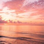 Amanhecer tranquilo sobre o mar, com tons suaves de rosa e laranja, transmitindo serenidade e carinho.