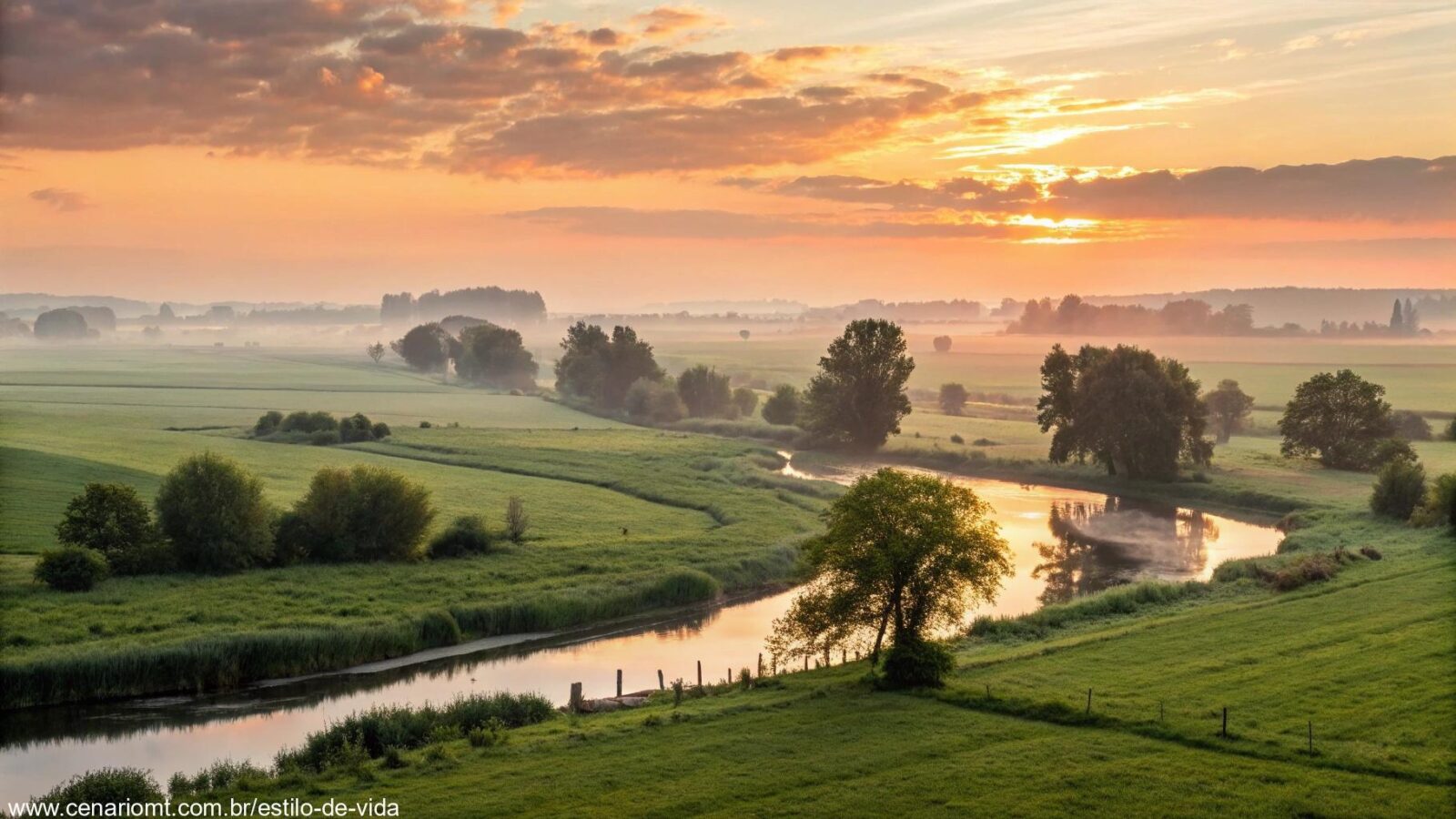 Cena de manhã serena com um amanhecer dourado sobre uma paisagem tranquila.