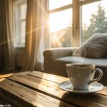 Cena tranquila de manhã com luz suave, café sobre a mesa e atmosfera acolhedora.