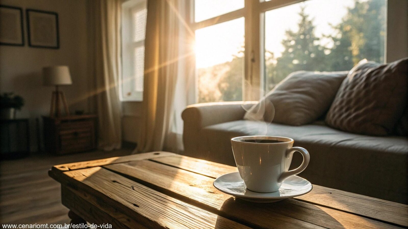Cena tranquila de manhã com luz suave, café sobre a mesa e atmosfera acolhedora.
