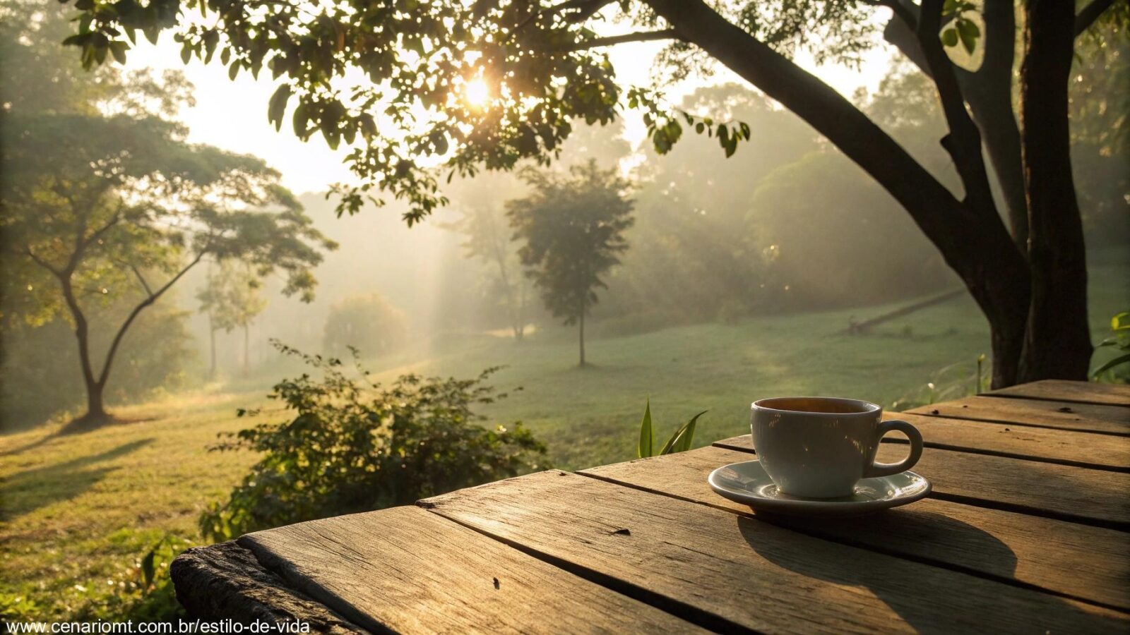 Cenário tranquilo de manhã com luz dourada e xícara de café sobre a mesa.