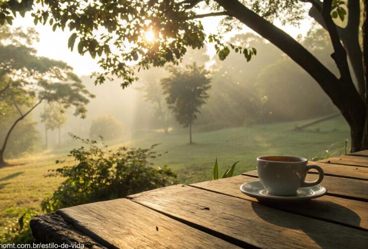 Cenário tranquilo de manhã com luz dourada e xícara de café sobre a mesa.
