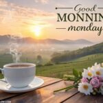 Imagem de bom dia com uma paisagem matinal serena, sol nascente, xícara de café quente e flores frescas.