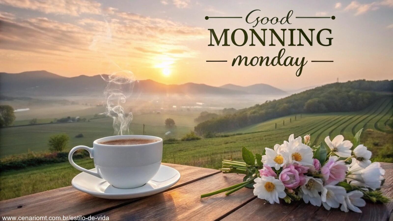 Imagem de bom dia com uma paisagem matinal serena, sol nascente, xícara de café quente e flores frescas.