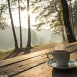 Cena tranquila de manhã com luz suave do sol entre as árvores e uma xícara de café fumegante sobre uma mesa rústica.