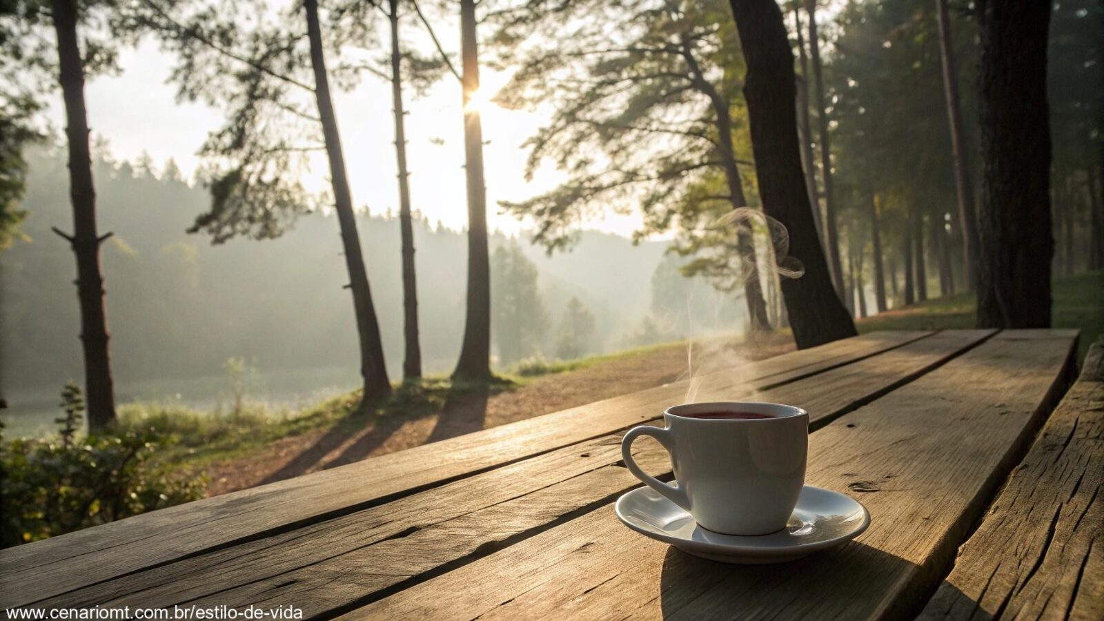 Cena tranquila de manhã com luz suave do sol entre as árvores e uma xícara de café fumegante sobre uma mesa rústica.