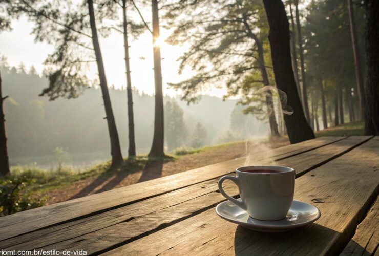 Cena tranquila de manhã com luz suave do sol entre as árvores e uma xícara de café fumegante sobre uma mesa rústica.