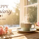 Cena aconchegante de bom dia com luz do sol suave, uma xícara de café e flores, representando carinho para a sexta-feira, 14 de fevereiro de 2025.