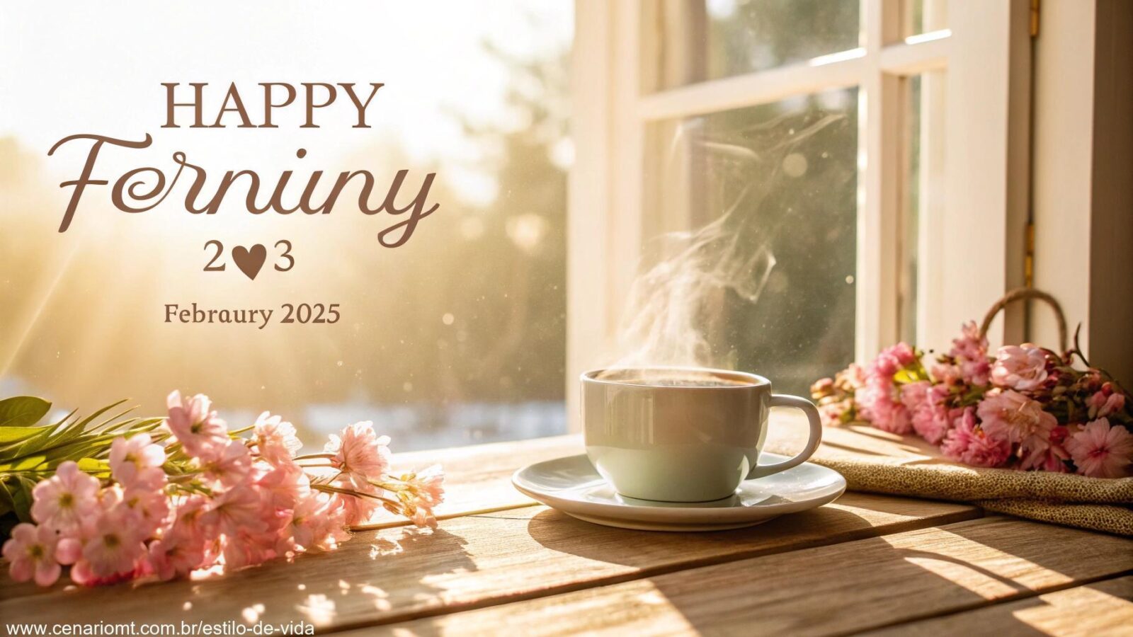 Cena aconchegante de bom dia com luz do sol suave, uma xícara de café e flores, representando carinho para a sexta-feira, 14 de fevereiro de 2025.