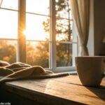 Uma manhã tranquila e acolhedora com luz suave do sol entrando pela janela e uma xícara de café sobre uma mesa.