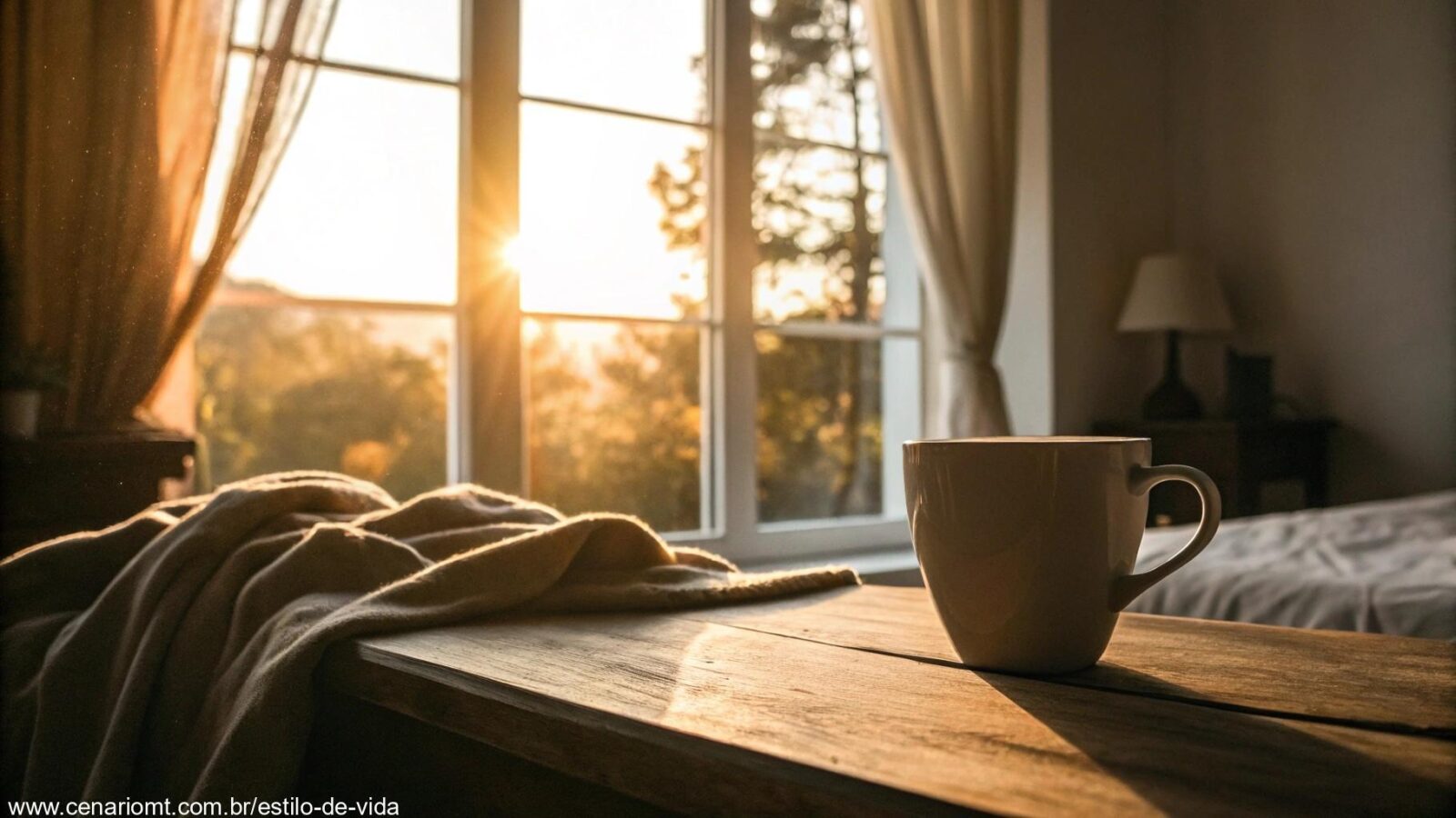 Uma manhã tranquila e acolhedora com luz suave do sol entrando pela janela e uma xícara de café sobre uma mesa.