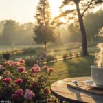 Cena matinal serena com luz suave filtrando pelas árvores, uma xícara de café sobre a mesa e flores coloridas ao redor.