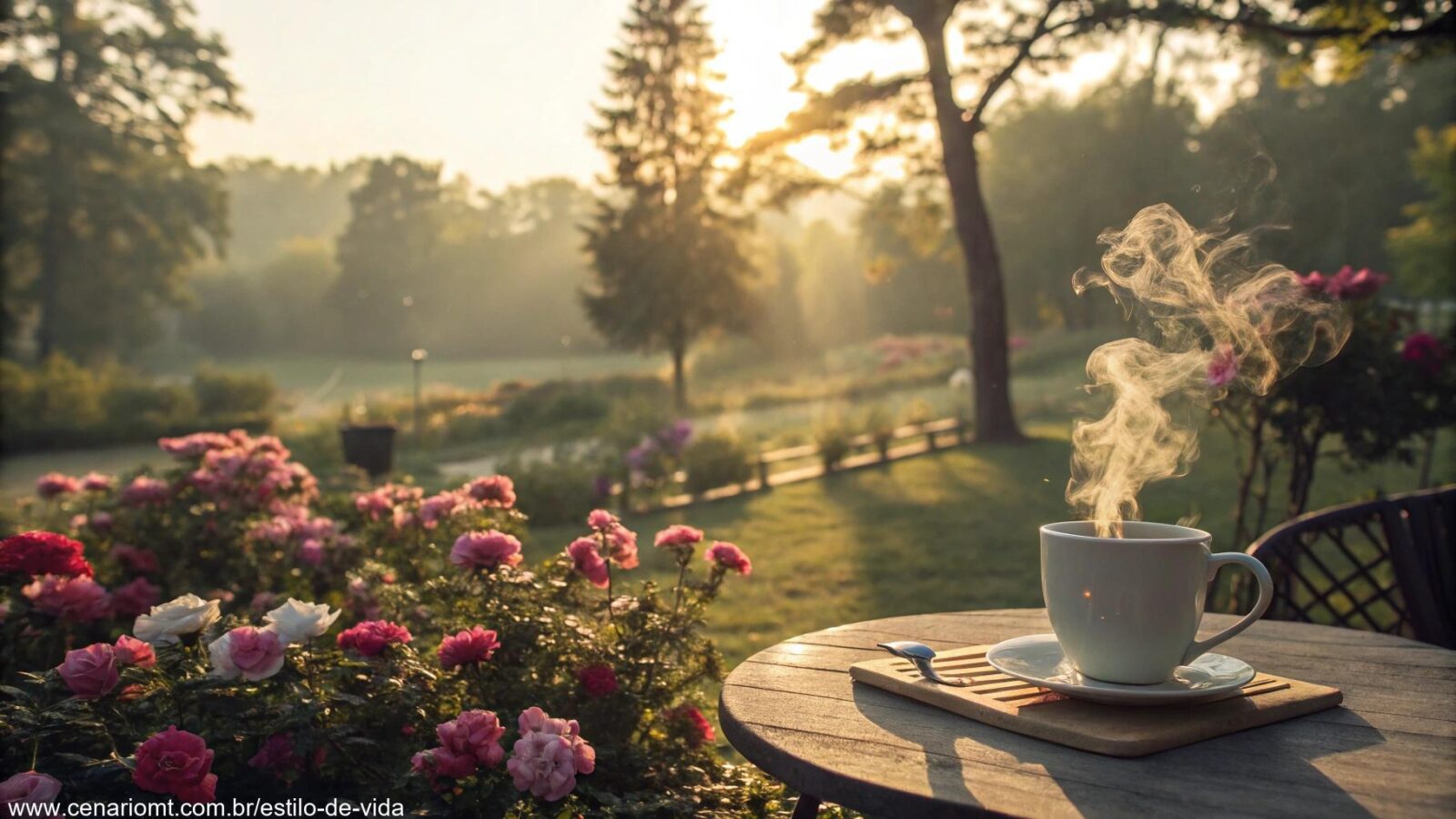 Cena matinal serena com luz suave filtrando pelas árvores, uma xícara de café sobre a mesa e flores coloridas ao redor.