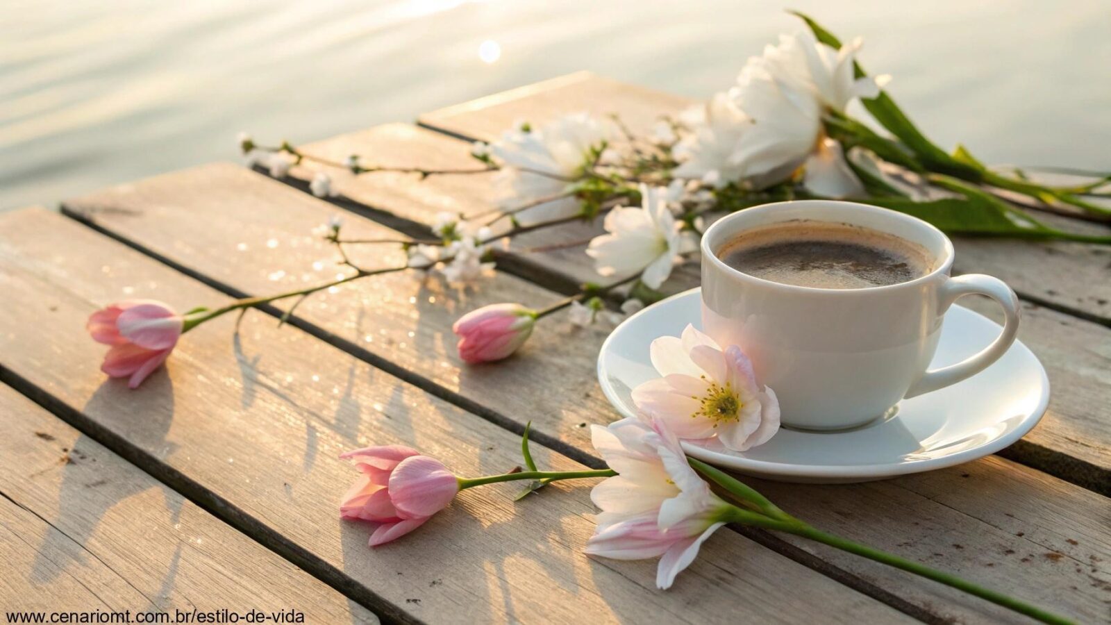 Imagem inspiradora para a manhã de terça-feira com café e flores, transmitindo carinho e positividade.