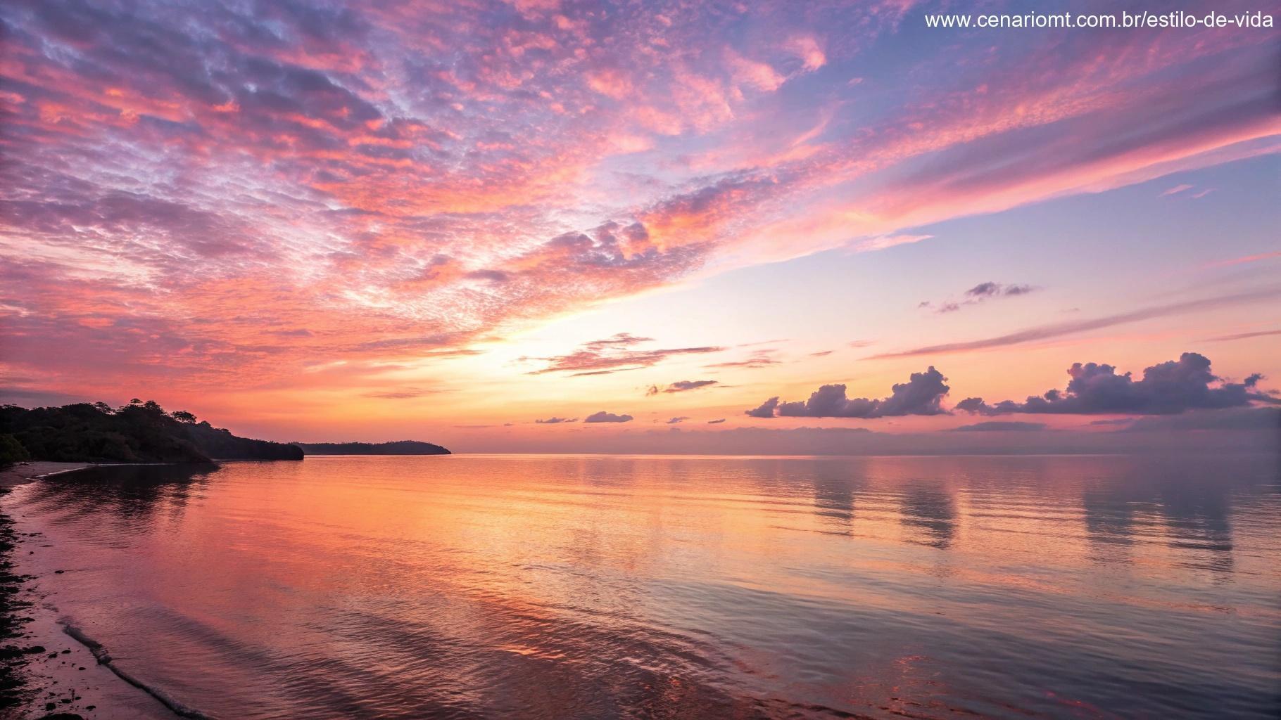 Vista serena e cheia de esperança do amanhecer sobre o mar calmo, com cores suaves refletindo na água.