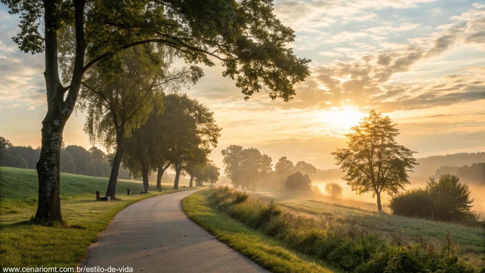 Paisagem serena ao amanhecer com luz dourada suave filtrando pelas árvores.