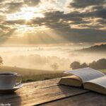 Paisagem matinal serena com uma Bíblia aberta e uma xícara de café.