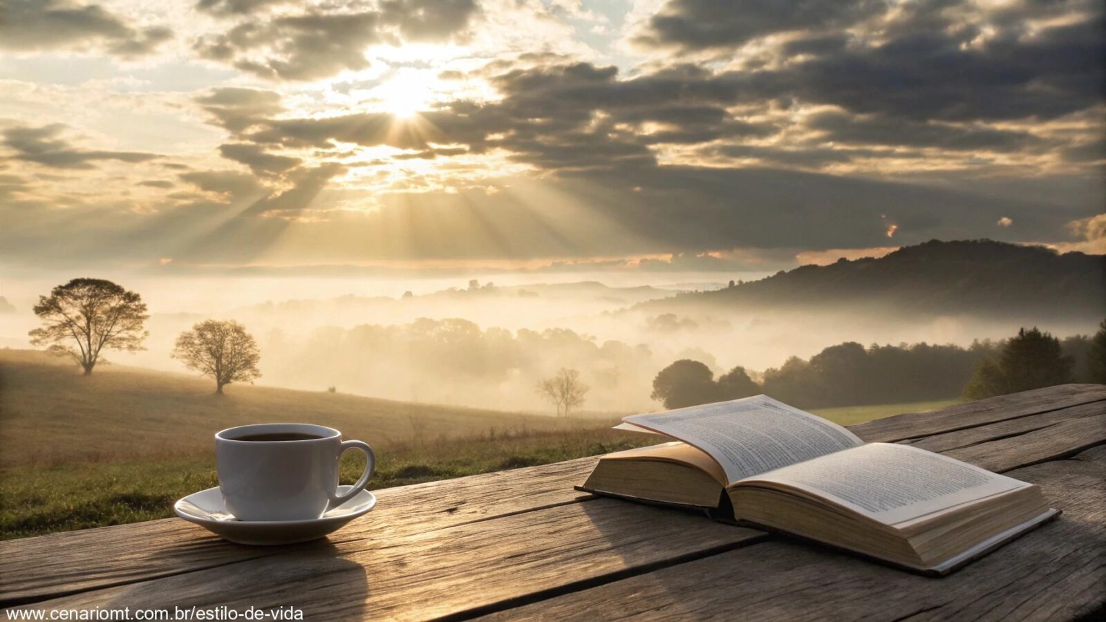 Paisagem matinal serena com uma Bíblia aberta e uma xícara de café.