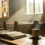 Cena de manhã tranquila com luz do sol entrando por uma janela de igreja, uma Bíblia e uma xícara de café sobre a mesa.