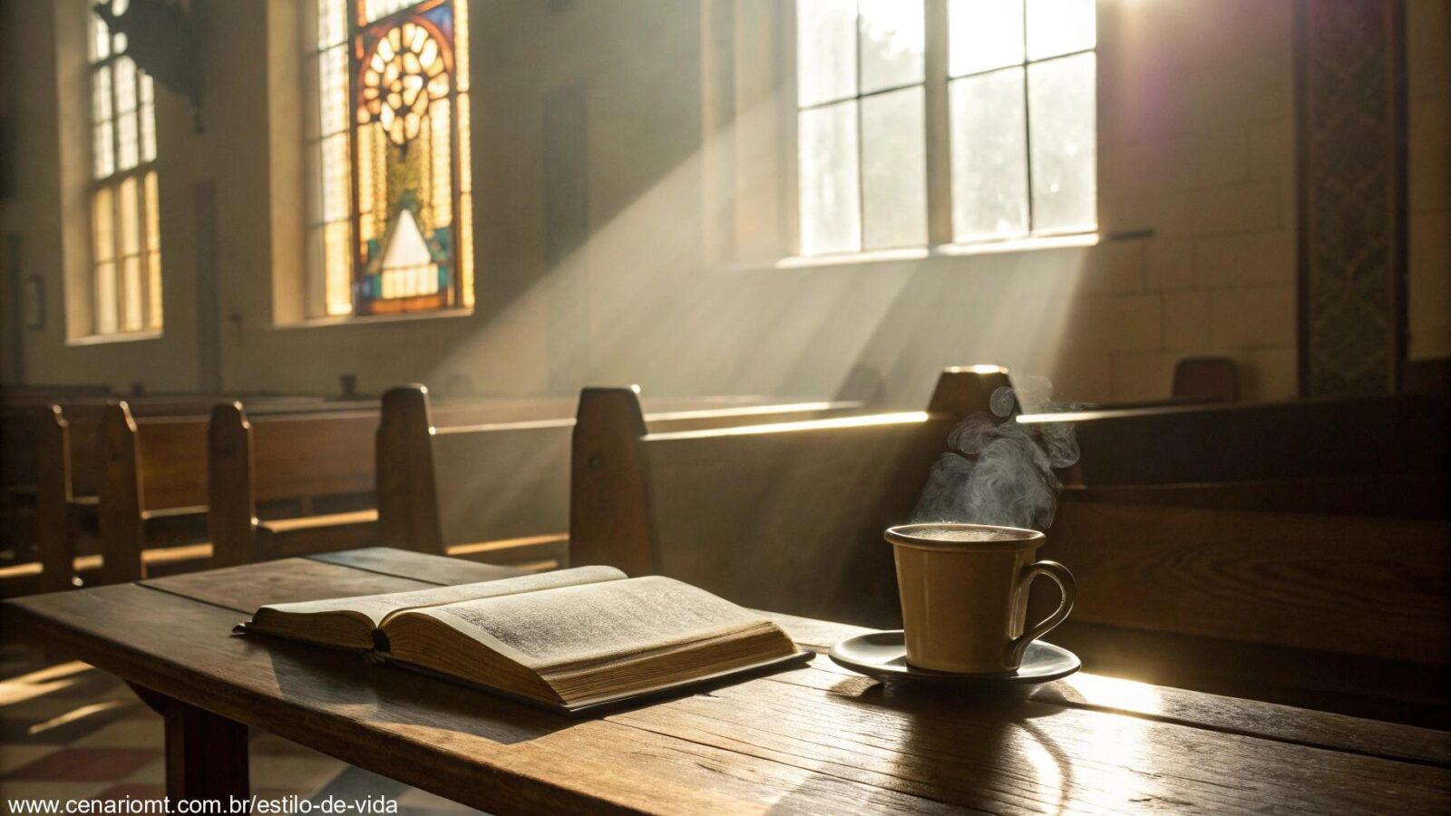 Cena de manhã tranquila com luz do sol entrando por uma janela de igreja, uma Bíblia e uma xícara de café sobre a mesa.