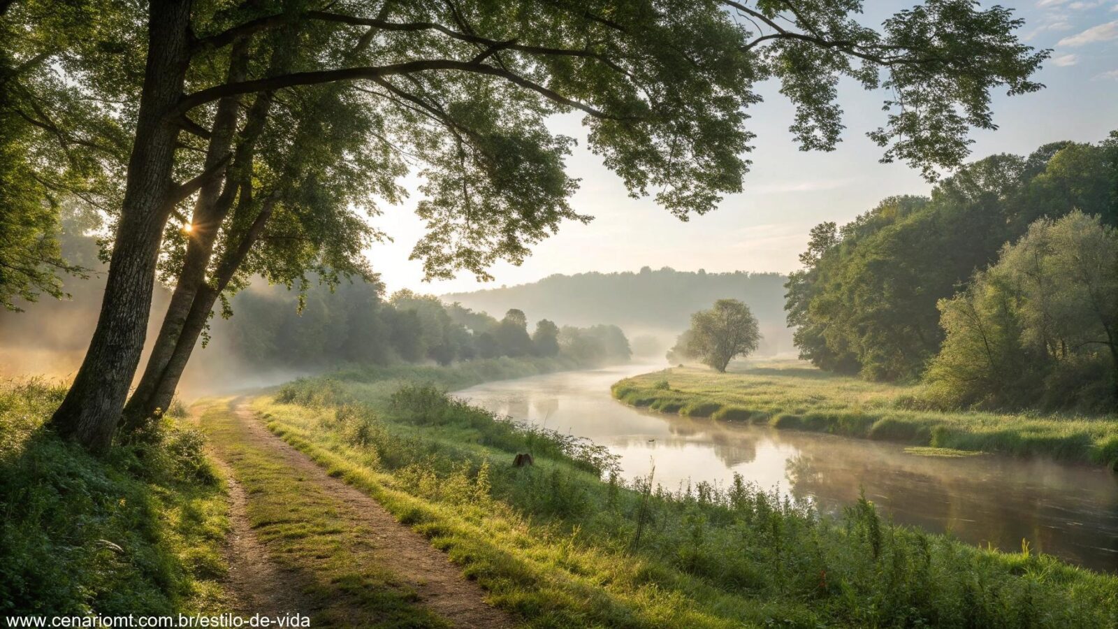 Imagem tranquila da natureza com luz suave da manhã e um rio calmo