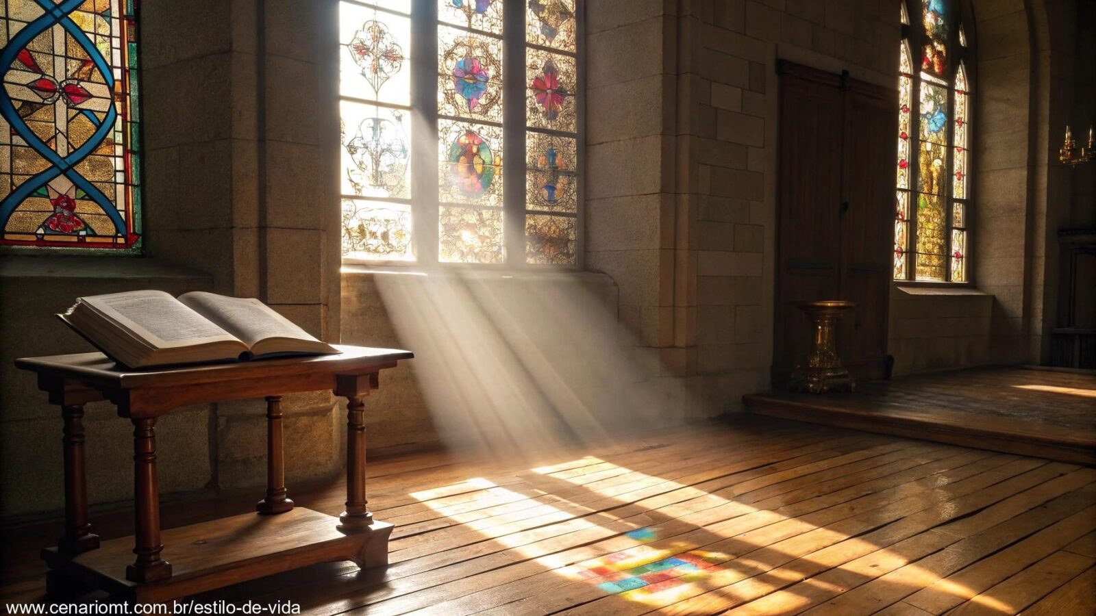 Cena de manhã serena com luz do sol iluminando uma Bíblia aberta em uma mesa de madeira dentro de uma igreja.