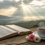 Uma cena tranquila de manhã com luz suave do sol atravessando as nuvens, uma Bíblia aberta sobre uma mesa de madeira, cercada por uma xícara de café fumegante e uma flor desabrochando.