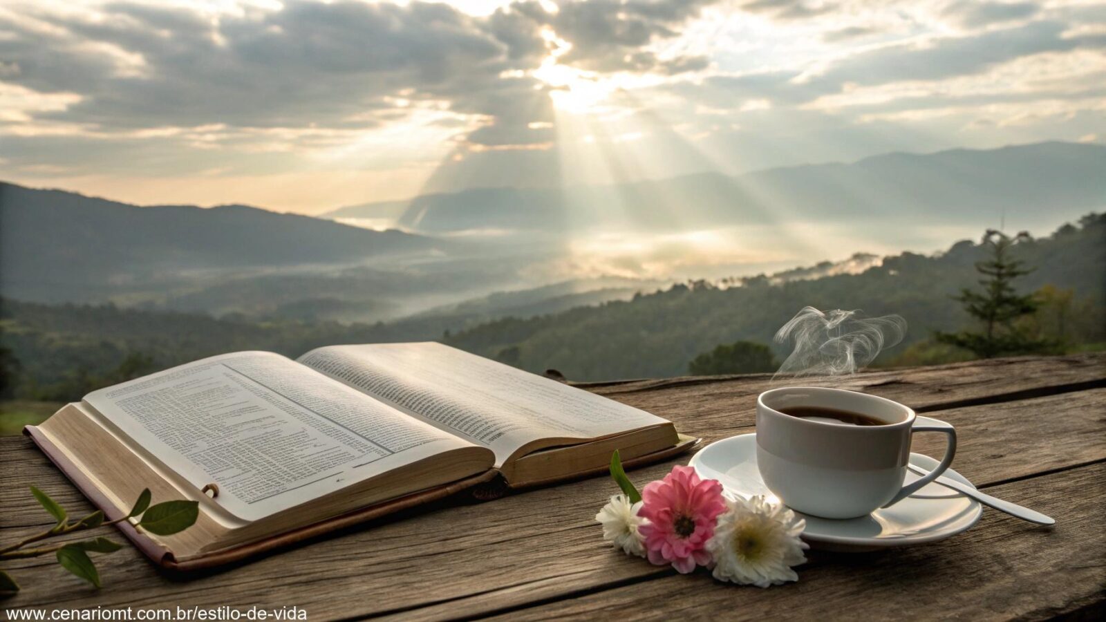 Uma cena tranquila de manhã com luz suave do sol atravessando as nuvens, uma Bíblia aberta sobre uma mesa de madeira, cercada por uma xícara de café fumegante e uma flor desabrochando.