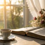 Cena tranquila de manhã com luz suave do sol entrando pela janela, uma xícara de café em uma mesa e uma Bíblia aberta com uma delicada arranjo floral ao lado.
