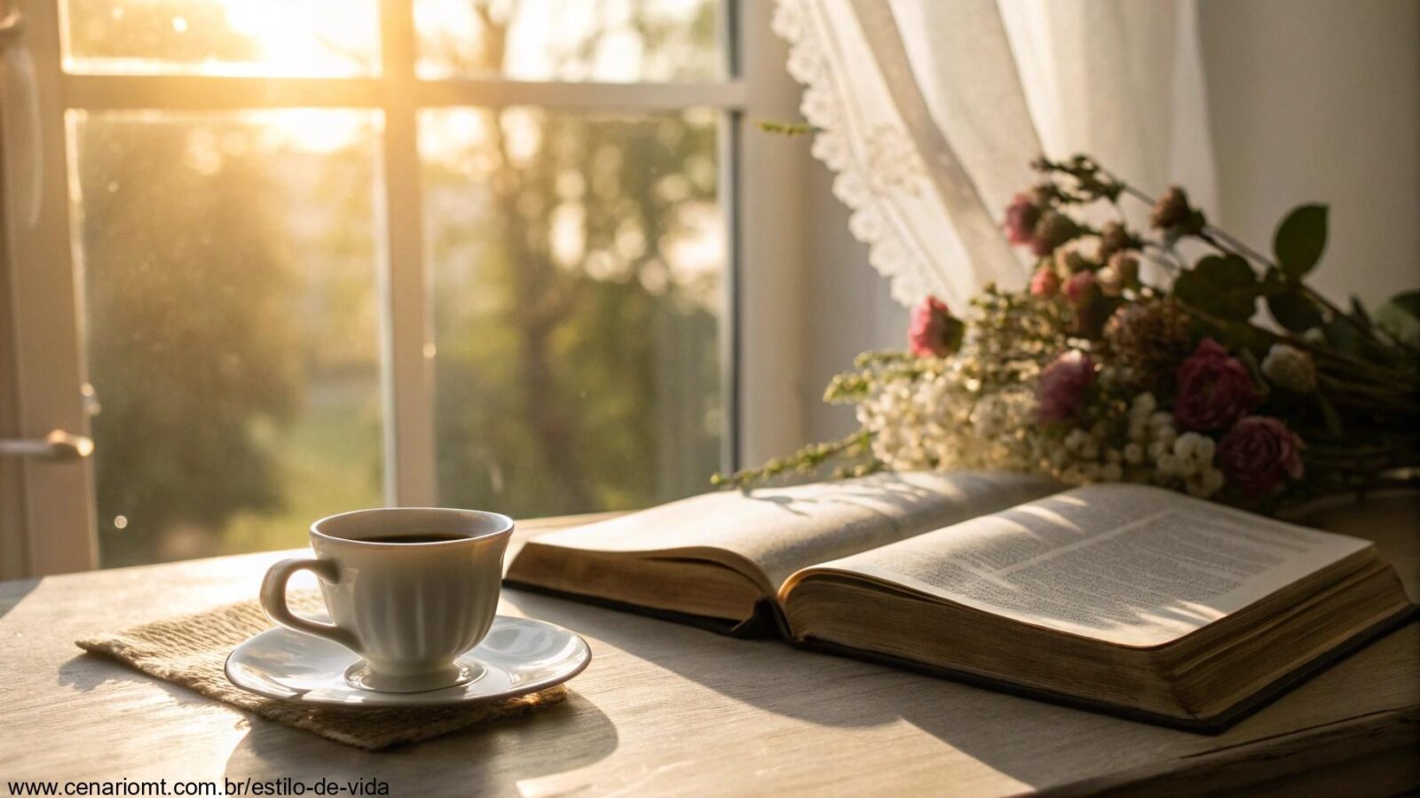 Cena tranquila de manhã com luz suave do sol entrando pela janela, uma xícara de café em uma mesa e uma Bíblia aberta com uma delicada arranjo floral ao lado.