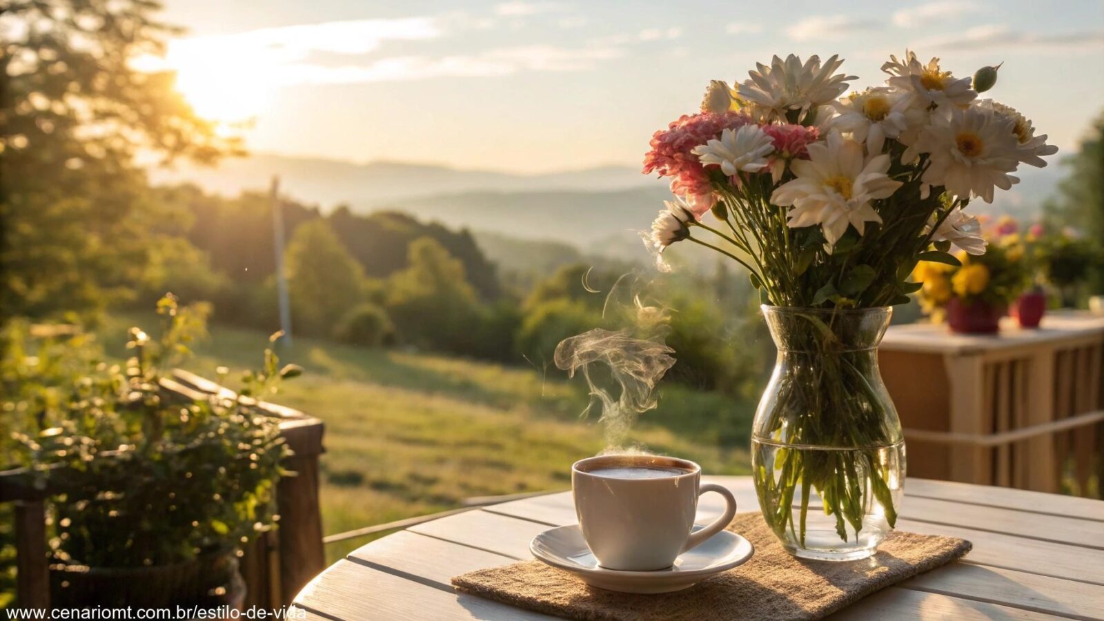 Cena de manhã de domingo com sol, flores frescas e café sobre uma mesa.