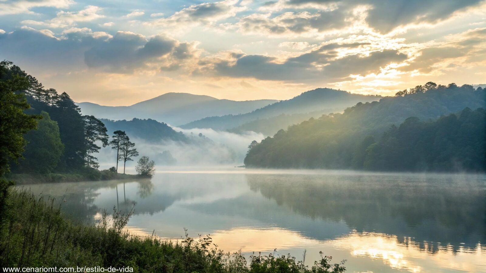 Paisagem serena de manhã com luz suave, colinas enevoadas e um lago tranquilo refletindo o céu