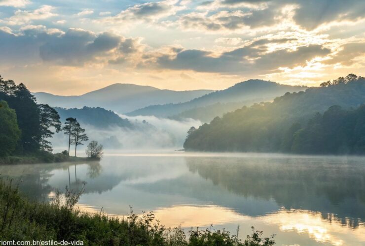 Paisagem serena de manhã com luz suave, colinas enevoadas e um lago tranquilo refletindo o céu