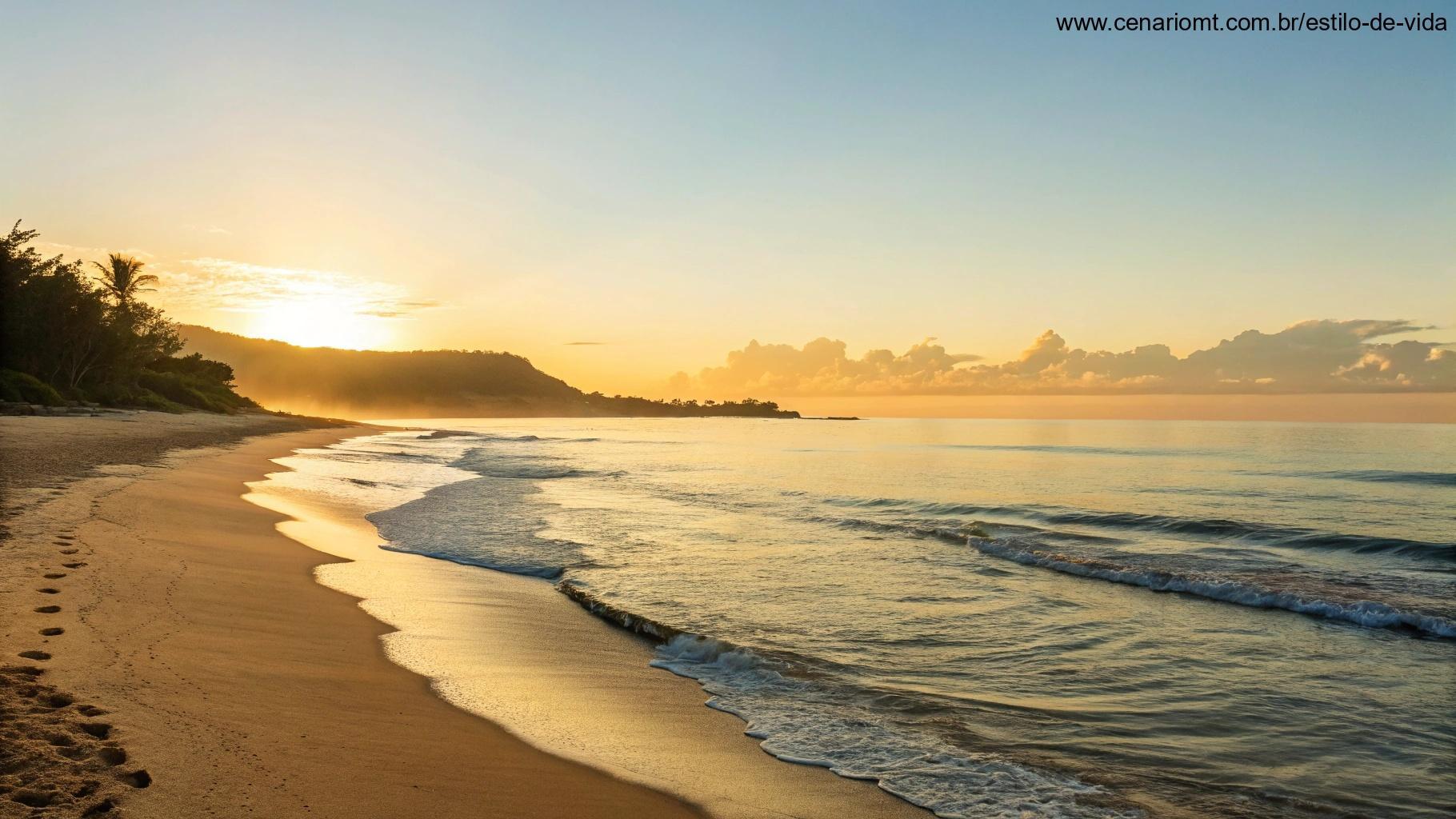 Despertar de um belo amanhecer sobre uma praia tranquila, com ondas suaves e céu claro
